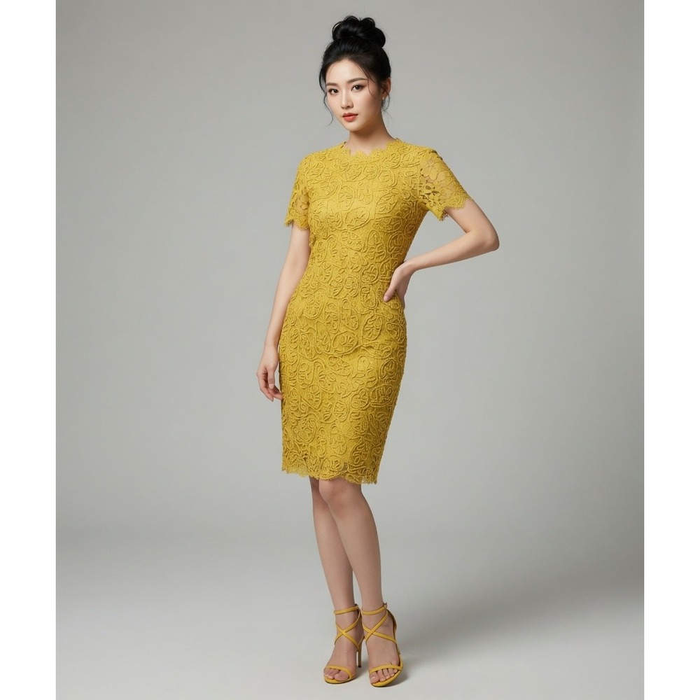 Zara Dress‎ Womens S 4 6 Lace Rope Overlay Mustard Yellow Chinoiserie Style